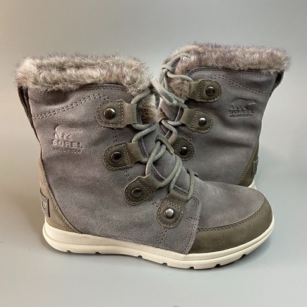 Sorel Joan Explorer Winter Snow Boots Quarry Grey Suede Faux Fur